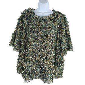 Chico's Cat Foil Mesh Ruffle Tee Top Size 3 Darkest Spruce NWT TP-3703